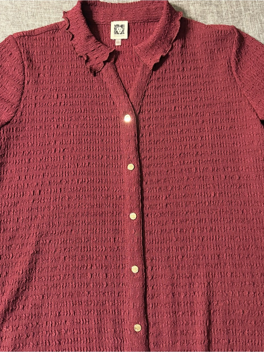 Anne Klein Ruffled Collar Button-Down Top in Burgundy Short sleeve